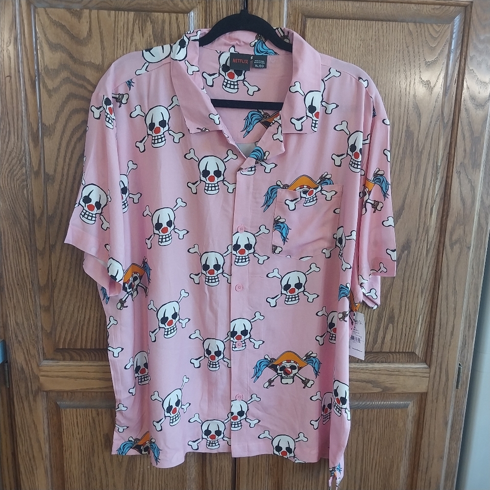 Buggy The Clown Shirt NWT Men's Sz X-Large Pink All-Over Skull Print Button-up